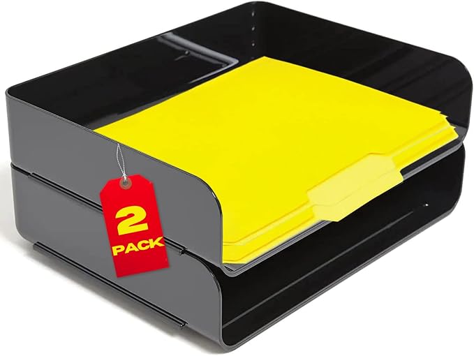1InTheOffice Stackable Paper Tray, File Trays for Desk Stackable, Letter Tray Organizer, Side Load, Black, 2 Pack