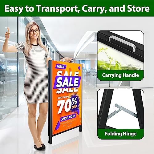 A Frame Sidewalk Sign 24 x 36 Inch Outdoor, Double-Sided Folding Sandwich Board with Handle, Heavy Duty Metal Slide-in A-Frame for Business, Advertising, Party, with 2 Plastic Boards