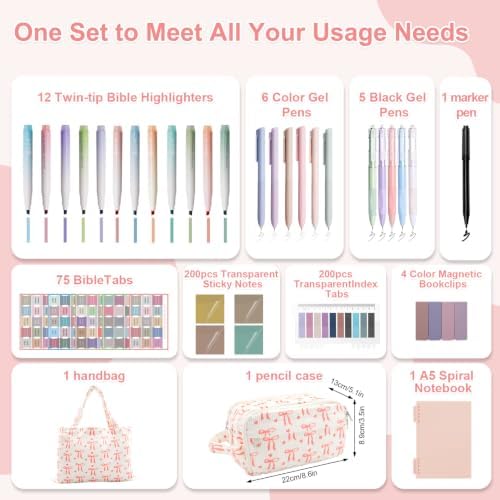 Bible Study Supplies, 50 Pack Bible Journaling Kit for Women with Tabs, Highlighter Set,Notebook, Pen Case and Storage Bag,No Bleed Annotation Kit for Christian Gifts (50PCS, Pink Bow)