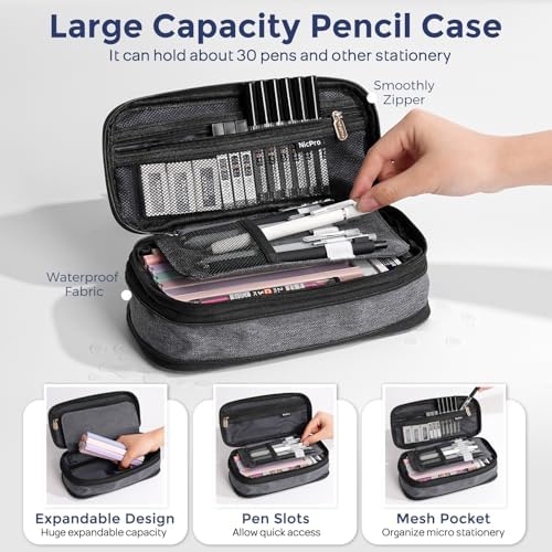 Nicpro School Supplies Stationary Set with Pencil Case, 50 PCS Black | Back to Schoo Supplies, Pen Case with 12 Highlighter, 5 Gel Pen, 6 Mechanical Pencil, Essentials for College, Nursing Student