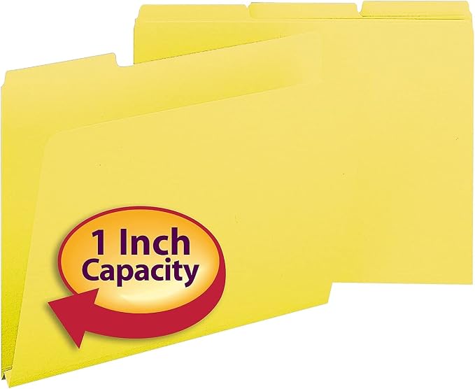 Smead Pressboard File Folder, 1/3-Cut Tab, 1" Expansion, Letter Size, Yellow, 25 per Box (21562)