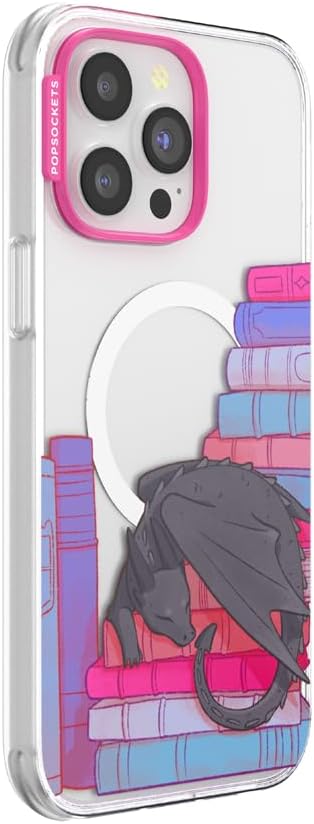 PopSockets iPhone 14 Pro Max Phone Case w/MagSafe- Curled Up & Cozy | Magnetic, Wireless Charging, Camera & Drop Protection, Bookish, Dragon
