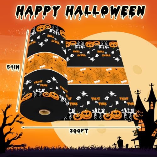 54 Inch X 300 Feet Plastic Table Cover Roll Disposable Halloween Tablecloth with Slide Cutter Pumpkin Ghost Plistic Table Covers for Halloween Party Decorations(Halloween Table Runner, 300Feet)