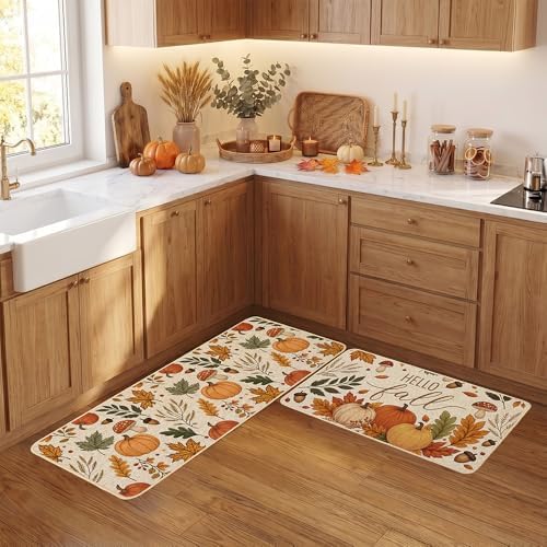 Baccessor Fall Kitchen Rugs Set of 2, Pumpkin Mushroom Kitchen Mats for Floor Washable Low-Profile Farmhouse Autumn Holiday Home Indoor Outdoor Decor 17x29 and 17x47 Inch