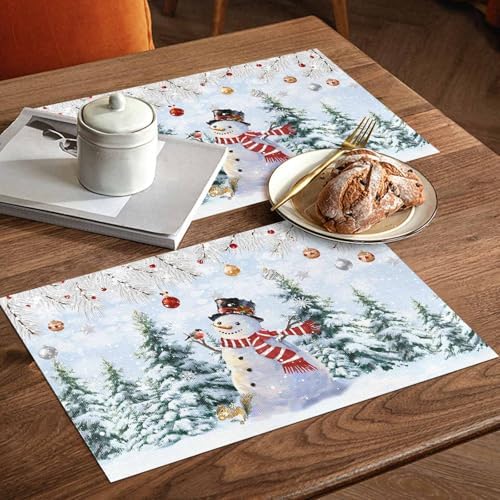 Snowman Placemats Set of 4, Blue Merry Christmas Tree Red Balls Squirrel Heat Resistant Washable Table Place Mats Winter Cotton Table Linens Party Holiday Decor for Kitchen Dining Outdoor Indoor