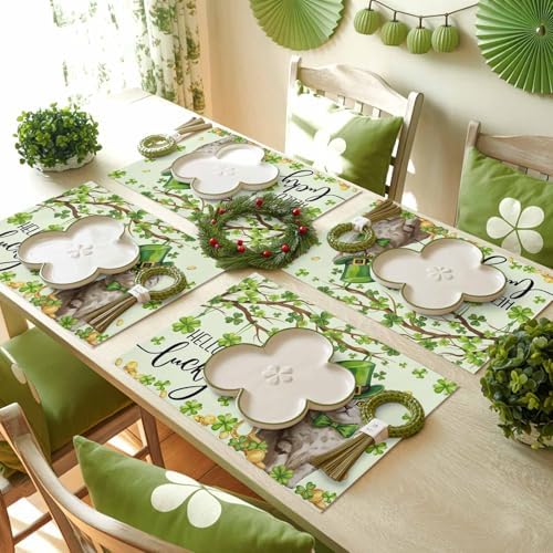 Lucky Cat St. Patrick's Day Placemats Set of 6, Green Spring Shamrocks Tree Heat Resistant Washable Dining Table Mats Spring Holiday Farmhouse Decor for Kitchen&Table Linens Outdoor Indoor