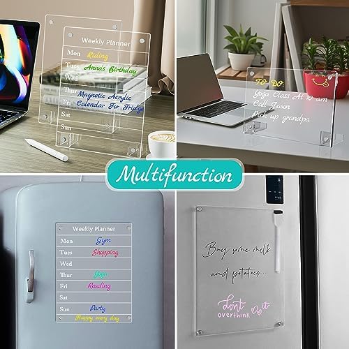 2PCS Clear Acrylic Weekly Dry Erase Board Desktop, 12x8 Small Magnetic Whiteboard with Stand for Desk Calendar Memo Board for Fridge, Office, School, Home