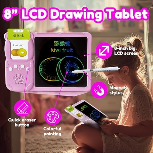 Writing Tablet with Bilingual Flash Cards for Kids, Chinese Pink