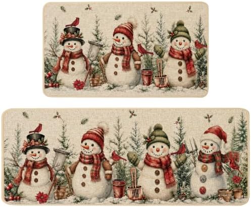 Baccessor Christmas Kitchen Rugs Set of 2 Red Snowman 17x29 and 17x47 Inch