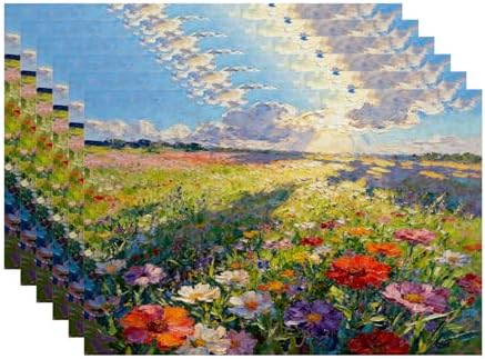 Batmerry Claude Monet Artwork Linen Placemats Set of 6, Garden Painting Flowers Red Poppies Washable Table Mats for Kitchen Table Thickened Heat Insulation Dining Set Indoor Outdoor 12X18 in