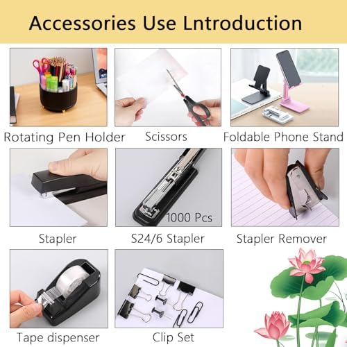 Office Supplies,Desk Accessories,Desk Organizer,Stapler,Tape Dispenser,Folding Phone Holder,Scissors,Notebook,Staple Remover,Staples,Clear Tape,Sticky Notes,Paper Clips,Bookmark,Pen,Pen pals Ect.27pcs