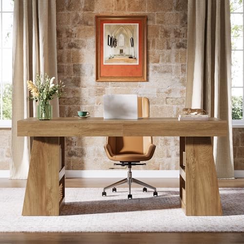 Tribesigns 55-Inch Executive Desk with Drawer, Large Office Computer Desk with Double Pedestal and Storage Shelves, Farmhouse Wooden Writing Table Workstation Business Furniture for Home Office, Brown