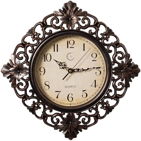 Clockswise 11" Classic Round Decorative Hanging Wall Clock with Ornate Floral Scroll Frame in Vintage Distressed Finish for Home Entryway Living Room Bedroom Kitchen Office Hotel & Restaurant, Brown