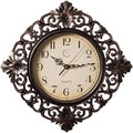 Clockswise 11" Classic Round Decorative Hanging Wall Clock with Ornate Floral Scroll Frame in Vintage Distressed Finish for Home Entryway Living Room Bedroom Kitchen Office Hotel & Restaurant, Brown