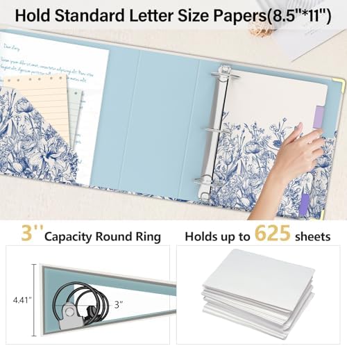3 Ring Binder 3 Inch, Cute Round Ring Binder with 6 Tab Dividers & Label Stickers, Low Profile Clipboard with Storage, Fashion Binder for School Office Supplies (Vintage Blue Florals)