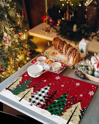 Red Merry Christmas Placemat 1PC, Green Christmas Tree Heat Resistant Washable Table Place Mats White Snow Forest Winter Cotton Table Linens Party Holiday Decor for Kitchen Dining Outdoor Indoor