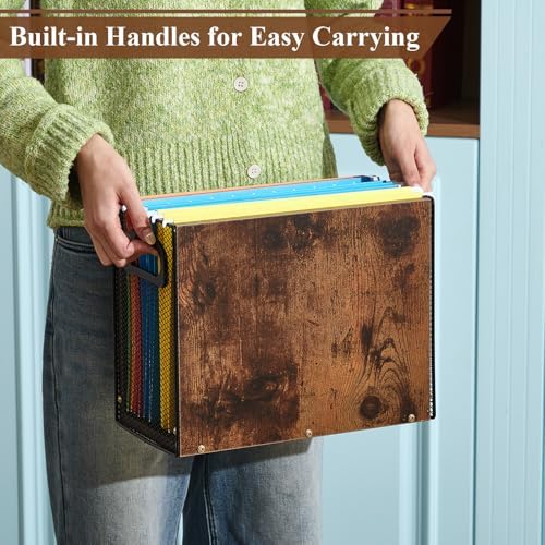AmazingSpark Wooden Hanging File Organizer Box, 2 Pack Desktop Filing Box with Handles, Solid Wood & Metal File Organizer for Letter Size Hanging Folders, Home Office Storage Decor