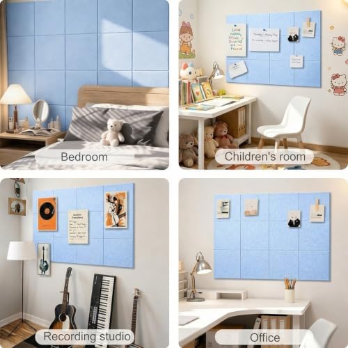 Felt Wall Tiles Bulletin Board Large Cork Board Alternative 12 Pack 11.81”x11.81”x0.47” Felt Pin Board Tack Board with Safe Removable Adhesive Tabs for Home Office School 48x36(Light Blue)