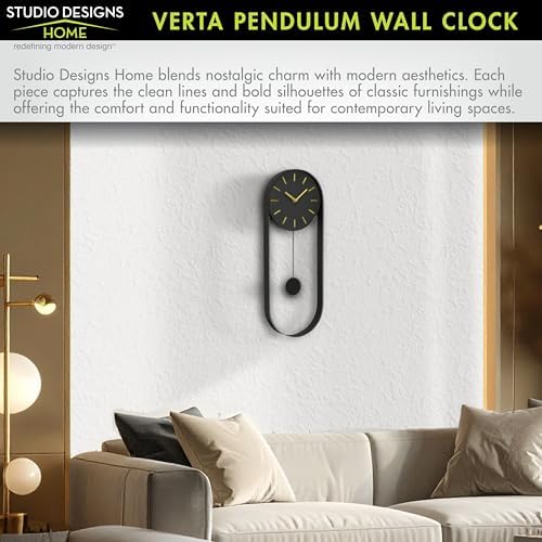VERTA Modern Pendulum Wall Clock, Minimalist Black Iron Wall Clock with Gold Accents, Quartz Movement, Swinging Pendulum, 21.75″ Tall