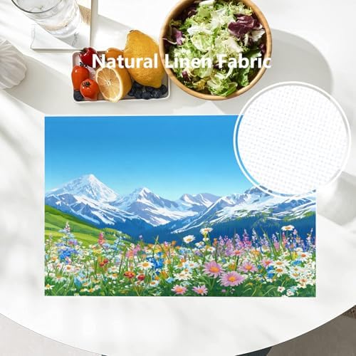 Batmerry Serene Environment Alpine Ry Linen Placemats Set of 6, Blooming Flora Mountainous Terrain Washable Table Mats for Kitchen Table Thickened Heat Insulation Dining Set Indoor Outdoor 12X18 in