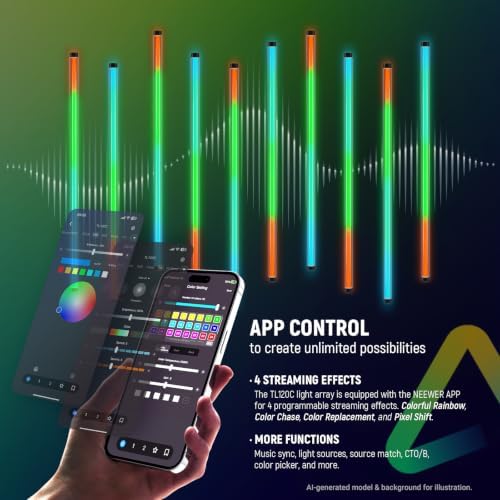 NEEWER TL120C RGB Tube Light, 42W Full Color RGBWW Photography LED Video Light Wand Stick with APP/2.4G/DMX Control, 7 Pixel Effects/18 Scenes, 2500K-10000K CRI97+ TLCI98+, 6000mAh Battery