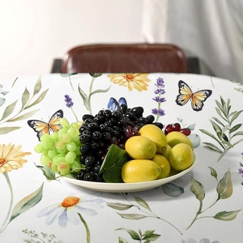 Watercolor Wildflowers Tablecloth, Summer Daisy Lavender Eucalyptus Branches Leaves Print Table Cover for Tea Party Weddings Indoor Outdoor Dining 60x90in
