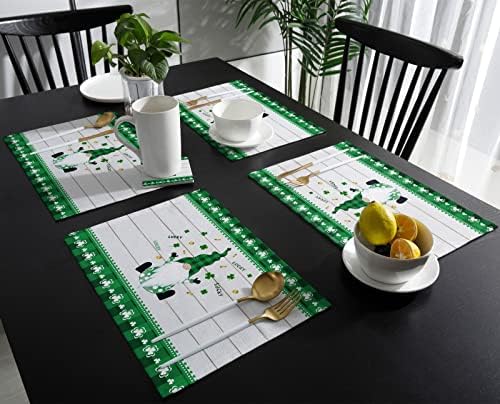St. Patrick's Day Gnomes Clover Placemats Set of 4,Irish Green Buffalo Check Plaid Clover Cotton Linen Heat Resistant Table Mats Washable Spring Holidays Decorations For Kitchen Dining Table