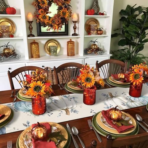 Fall Pumpkin Table Runner Dresser Scarf 13 x 90 Inch White Blue Leaves Rustic Table Runners Non-Slip Heat Resistant Kitchen Dining Table Decor for Autumn Thanksgiving Holidays Indoor Outdoor