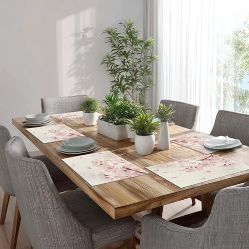 Batmerry Vintage Cherry Blossom Linen Placemats Set of 8, Delicate Watercolor Pink Flowers Washable Table Mats for Kitchen Table Thickened Heat Insulation Dining Set Indoor Outdoor 12X18 in