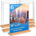 Kersally Acrylic Sign Holder 5 x 7, 6 Pack Double-Sided Clear Table Display Stands with Wood Base,Vertical Acrylic Frame Menu Flyer Paper Holder for Stores, Restaurants, Hotels, Office, Show Fair