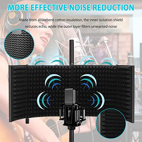 Microphone Isolation Shield with Stand Curved Panel, Foldable Mic Shield with Triple Sound Insulation, Studio Mic Sound Absorbing Foam Reflector for Sound Recording, Podcasts