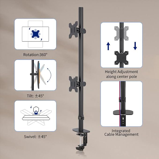 Pholiten Tall Vertically Stacked Dual Monitor Desk Mount Stand | Extra Tall 31 Inch Monitor Stand, Fully Adjustable Monitor arm for 13-32 Inch LCD Screen, Holds up to 22lbs