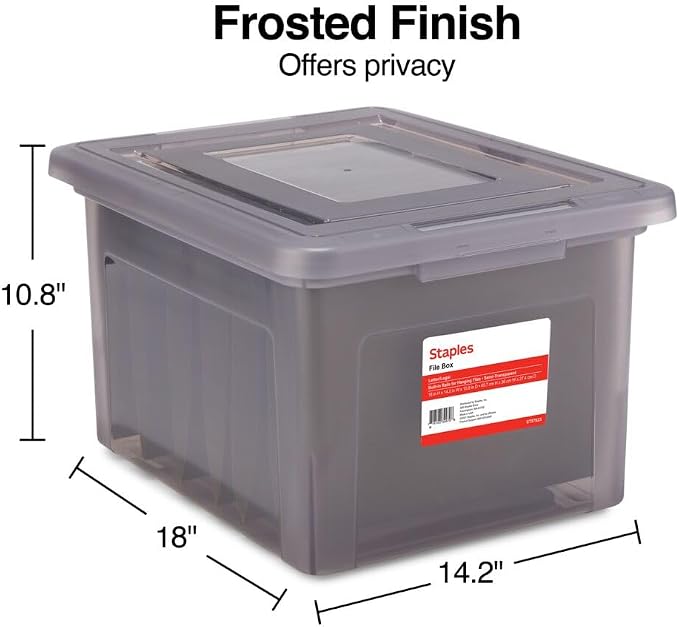 Staples Plastic File Box with Snap Lid, Letter/Legal, Frost Gray, 2-Pk | Stackable storage box keeps hanging files organized and protected.