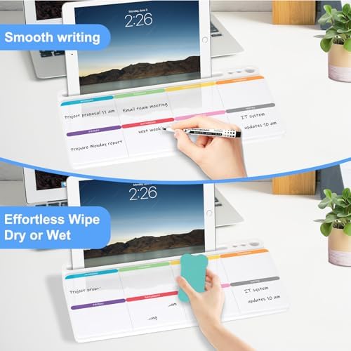 Desktop Glass Whiteboard with Storage, Weekly Calendar Desk White Board