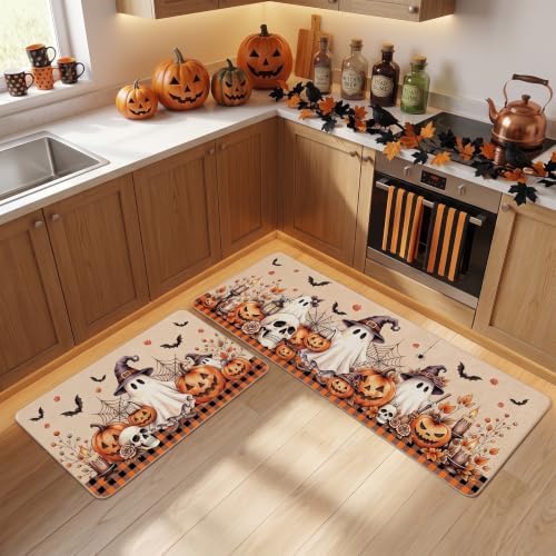Halloween Kitchen Mats Set of 2, Pumpkin Ghost Skull Kitchen Rugs