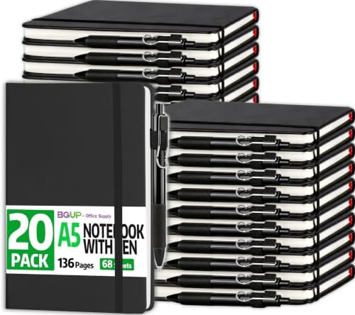 20 Pack Lined Journal Notebook with Pen, A5 Hardcover Leather Journal 5.5"*8.3", Black 136 Pages College Ruled Notebooks and Pen Set for Office School Business Supplies