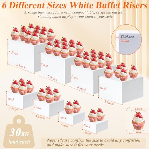 8 Pcs White Buffet Risers with Mini Table Sign, Serving Tongs, Acrylic Food Risers for Buffet Table Display Stand Shelf for Party Catering Dessert Jewelry Collectibles (Size 9" 8" 7" 6" 5" 5" 4" 4")