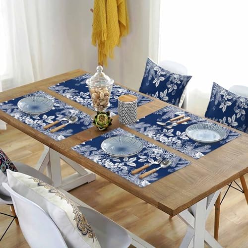 Blue Christmas Placemats Set of 4, Floral Pine Leaf Xmas Balls Heat Resistant Washable Table Place Mats White Winter Holidays Cotton Table Linens Party Holiday Decor for Kitchen Dining Outdoor Indoor