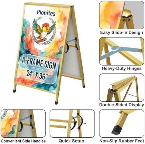 Pionites Heavy Duty Slide-in Folding A Frame Sign Sidewalk Sign 24x 36 Inch Steel Metal Double-Side Pavement sign Corrugated Plastic Poster (1, Gold, 24''X36''(Frame Only))