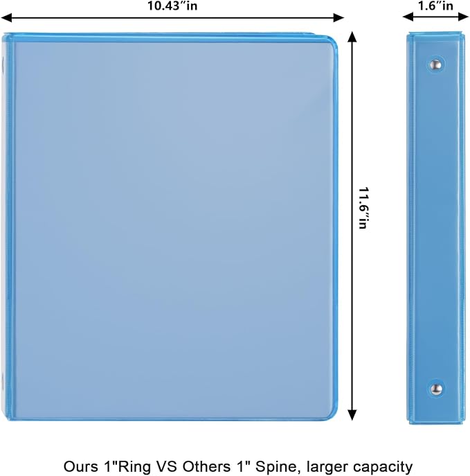 COMIX Sturdy 1 Inch 3 Ring Binder with Clear View Cover | 1"Heavy Duty Round Ring,PVC-Free Board,Holds 200 Letter Sheets,Wholesale for Offices & Classrooms,6 Pack (Light Blue)