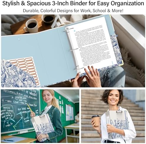 3 Ring Binder 3 Inch, Cute Round Ring Binder with 6 Tab Dividers & Label Stickers, Low Profile Clipboard with Storage, Fashion Binder for School Office Supplies (Vintage Blue Florals)