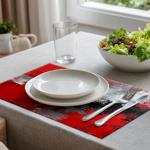 Batmerry Abstract Oil Painting Linen Placemats Set of 4, Art Red Grey Scarlet Modern Artwork Washable Table Mats for Kitchen Table Thickened Heat Insulation Dining Set Indoor Outdoor 12X18 in