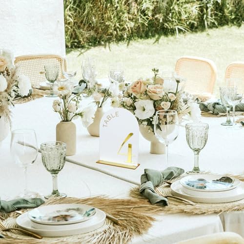 White Arch Wedding Table Numbers 1-20, Gold Numbers and Stands