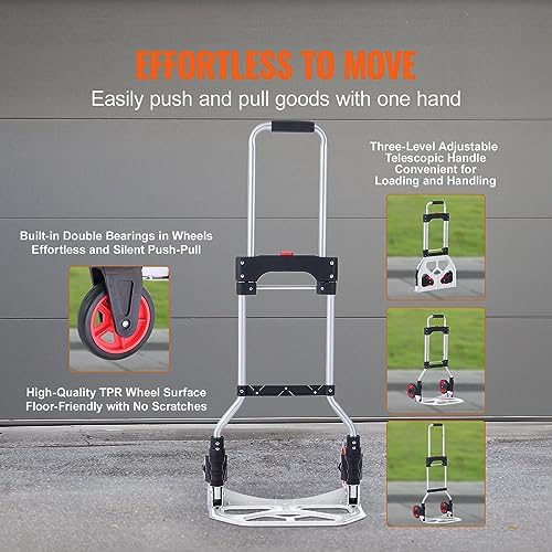 VEVOR Folding Hand Truck, 80 kg Load Capacity, Aluminum Portable Cart, Convertible Hand Truck and Dolly with Telescoping Handle and Rubber Wheels, Ultra Lightweight Super Strong for Moving Warehouse