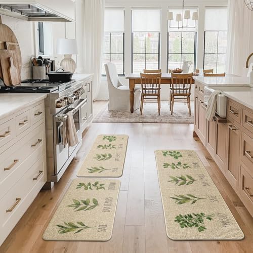 Artoid Mode Parsley Sage Oregano Basil Bay Leaves Kitchen Mats Set of 3, Seasonal Holiday Party Low-Profile Floor Mat for Home Kitchen - 17"x29"+17"x36"+17"x47"