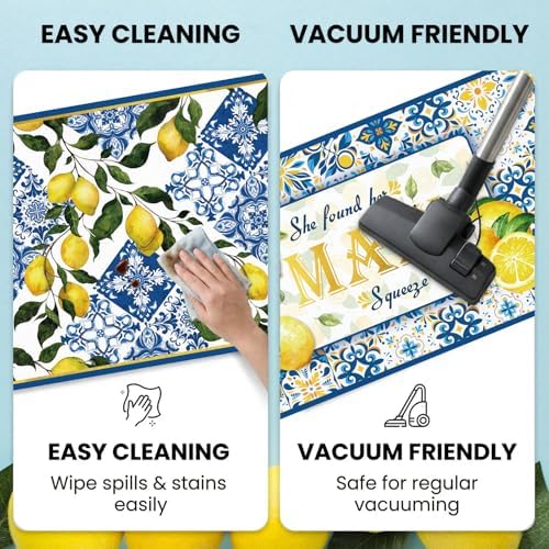 Lemon Kitchen Rugs, Yellow and Blue Lemon Print Kitchen Mats
