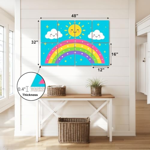8 Pack Art Acoustic Panels Sound Absorbing Cute Rainbow Smiling Sun Clouds Stars Blue Decorative Soundproof Wall Panels Self Adhesive for Home Recording Studios 48"x32"