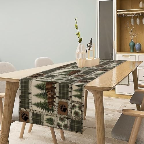 Rustic Cabin Moose Deer Bear Table Runner, Retro Bear Cottage Country Style Cabin Farmhouse Dinner Runner for Home Kitchen Dining Table Decoration 13x60inch