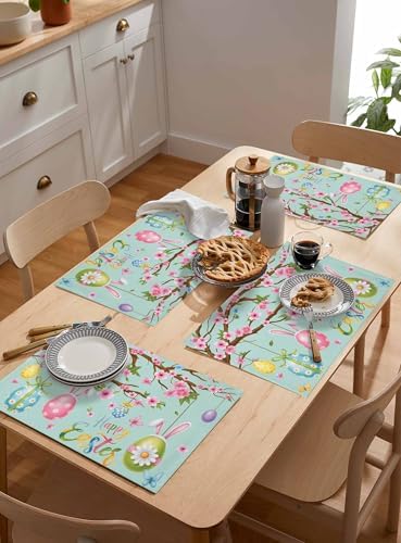 Happy Easter Placemats Set of 4, Spring Floral Bunny Rabbit Ear Eggs Heat Resistant Dining Table Mats Holiday Farmhouse Decor for Kitchen&Linens Outdoor Indoor, Pink Flower Branch Green Leaves