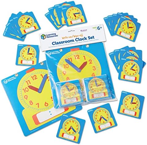 Learning Resources Write & Wipe Clocks Classroom Set - 25 Pieces, Ages 6+ Laminated Dry-Erase, Teaching Aids, Teacher Supplies, Learning Time